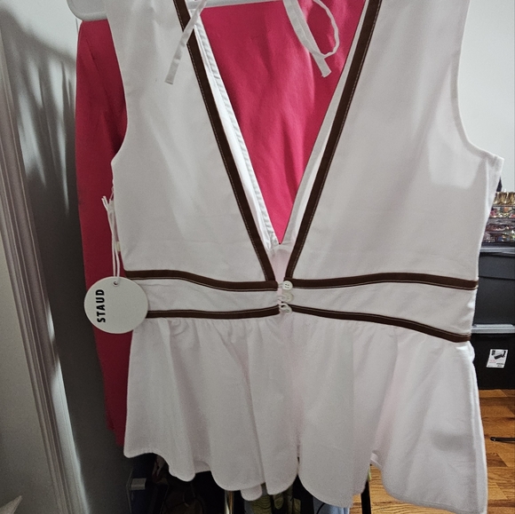 Staud Trent Peplum Top, Size 12 - WhiteFaux-leather piping out - Picture 3 of 8